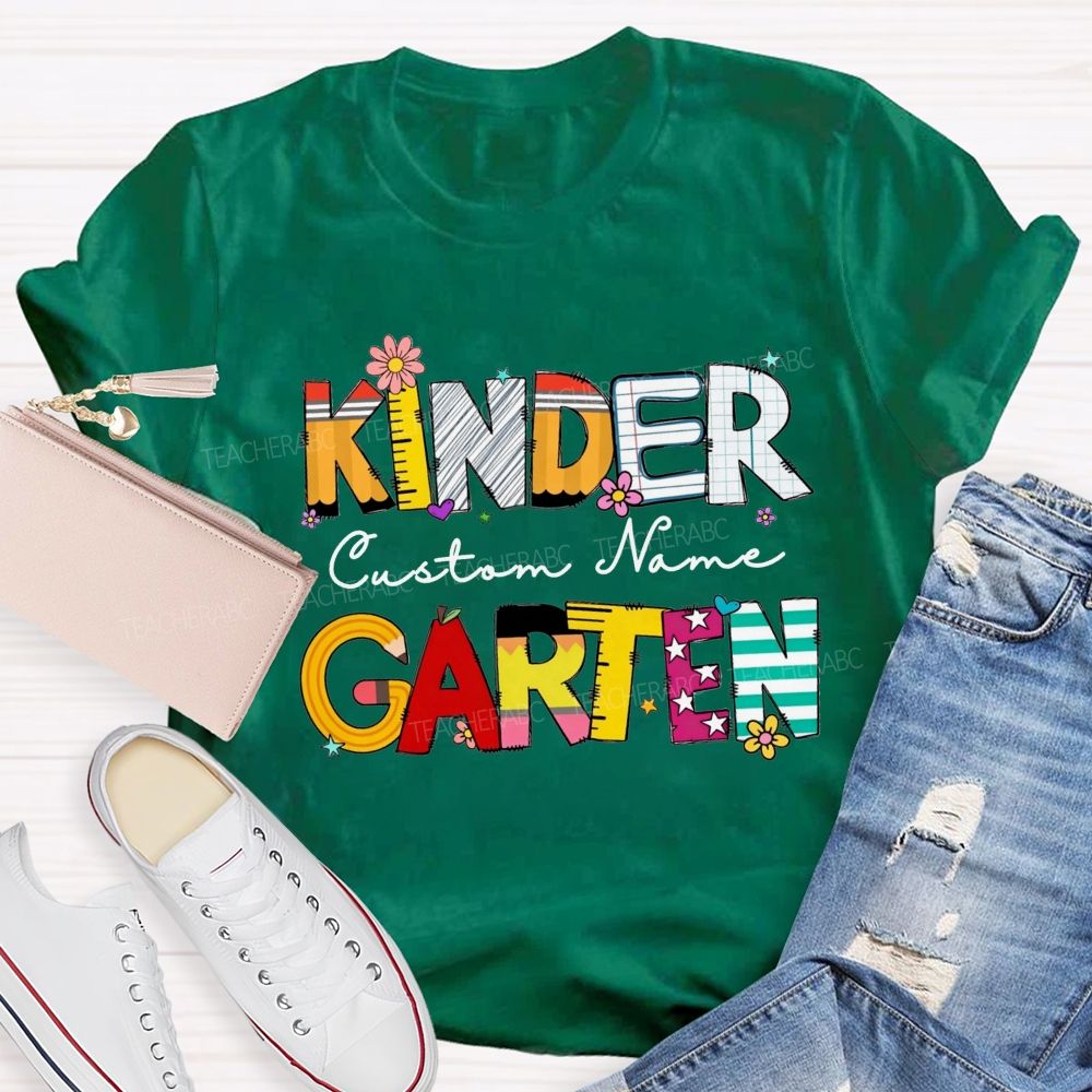 Personalized Name And Grade Kindergarten Colorful School Supply Doodle Kinder T-shirt