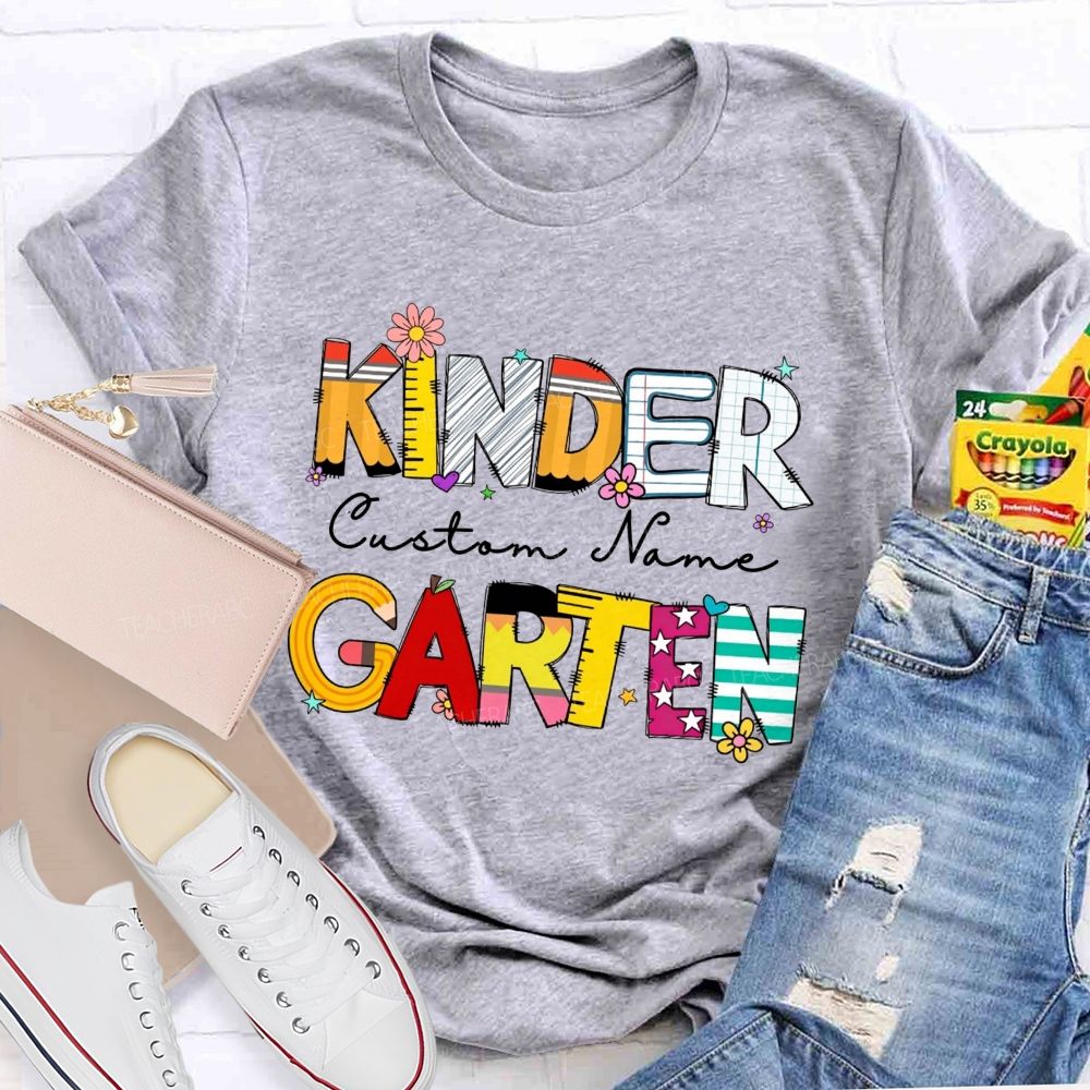 Personalized Name And Grade Kindergarten Colorful School Supply Doodle Kinder T-shirt