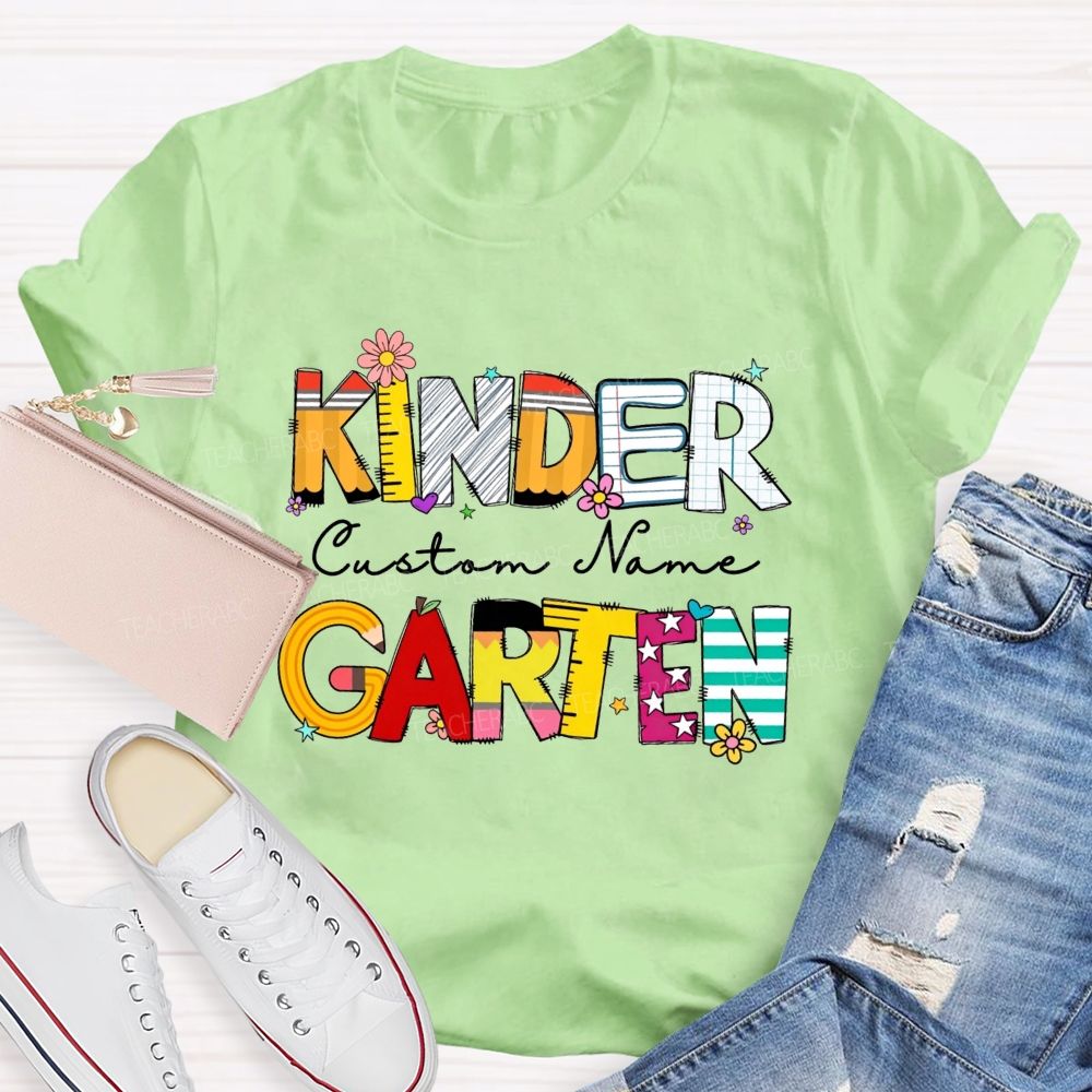 Personalized Name And Grade Kindergarten Colorful School Supply Doodle Kinder T-shirt