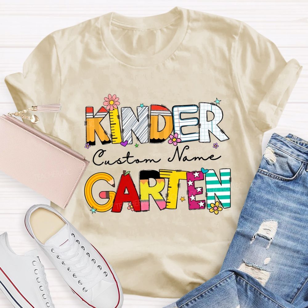 Personalized Name And Grade Kindergarten Colorful School Supply Doodle Kinder T-shirt