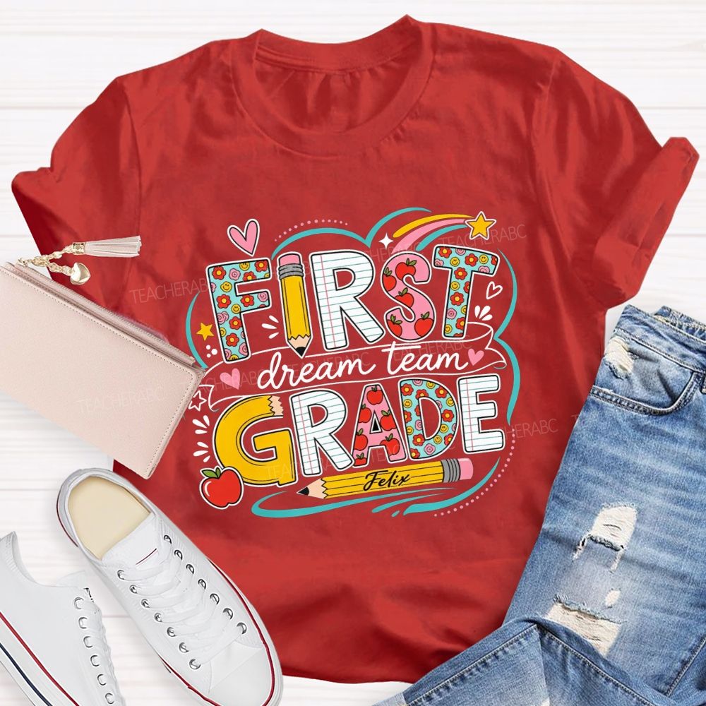 Personalized Grade Dream Team Rainbow Heart Doodle Elementary Teacher T-shirt