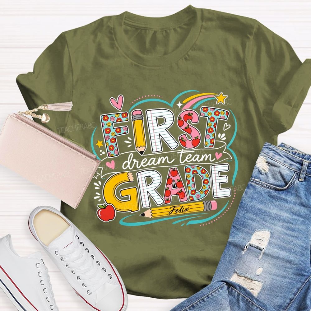Personalized Grade Dream Team Rainbow Heart Doodle Elementary Teacher T-shirt