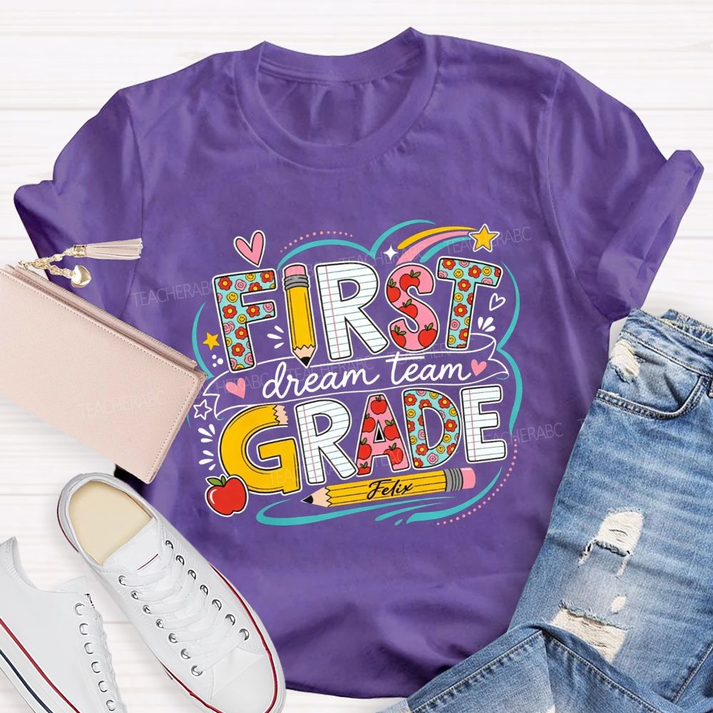Personalized Grade Dream Team Rainbow Heart Doodle Elementary Teacher T-shirt