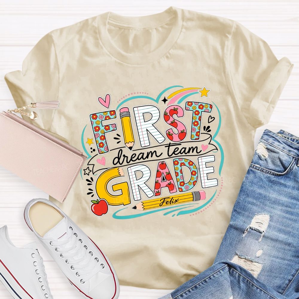 Personalized Grade Dream Team Rainbow Heart Doodle Elementary Teacher T-shirt
