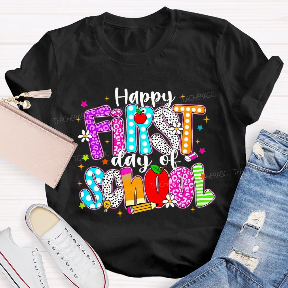 Happy First Day Of School Leopard Polka Dot Striped Colorful Letter Teacher T-shirt