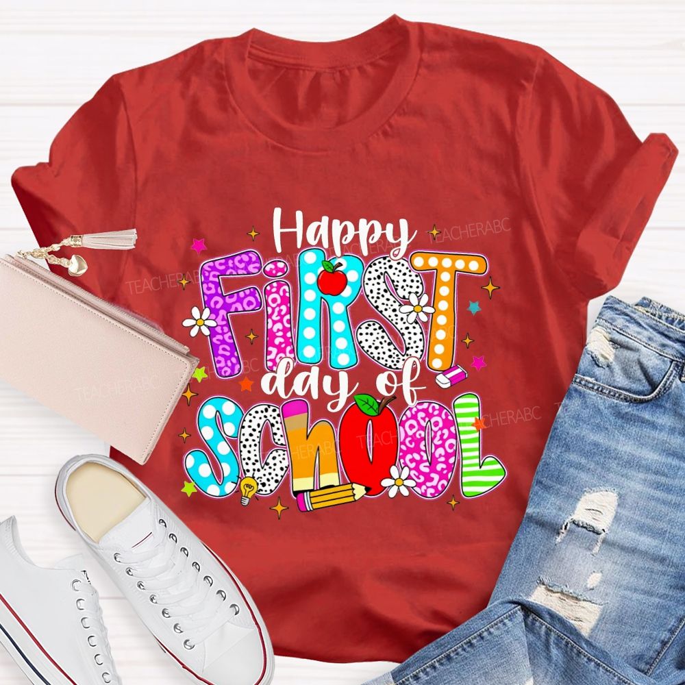 Happy First Day Of School Leopard Polka Dot Striped Colorful Letter Teacher T-shirt