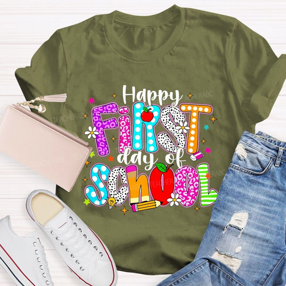 Happy First Day Of School Leopard Polka Dot Striped Colorful Letter Teacher T-shirt