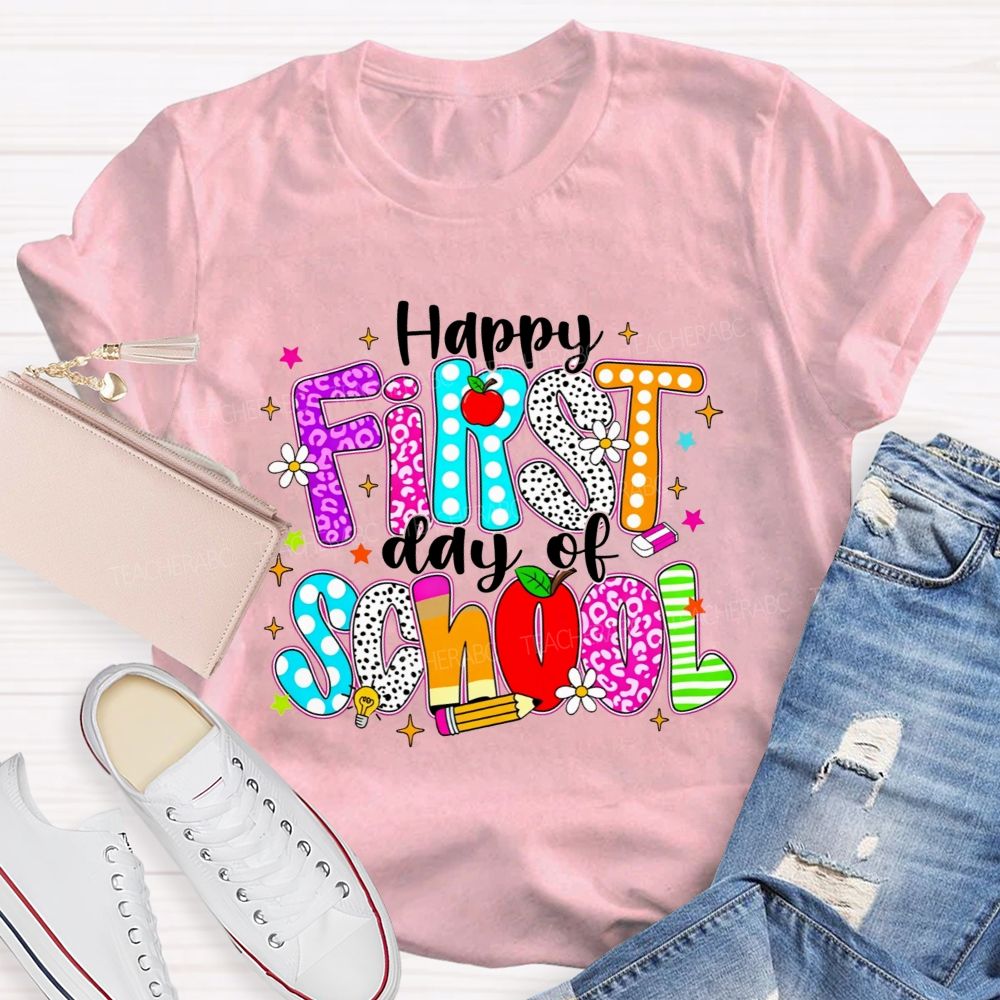 Happy First Day Of School Leopard Polka Dot Striped Colorful Letter Teacher T-shirt