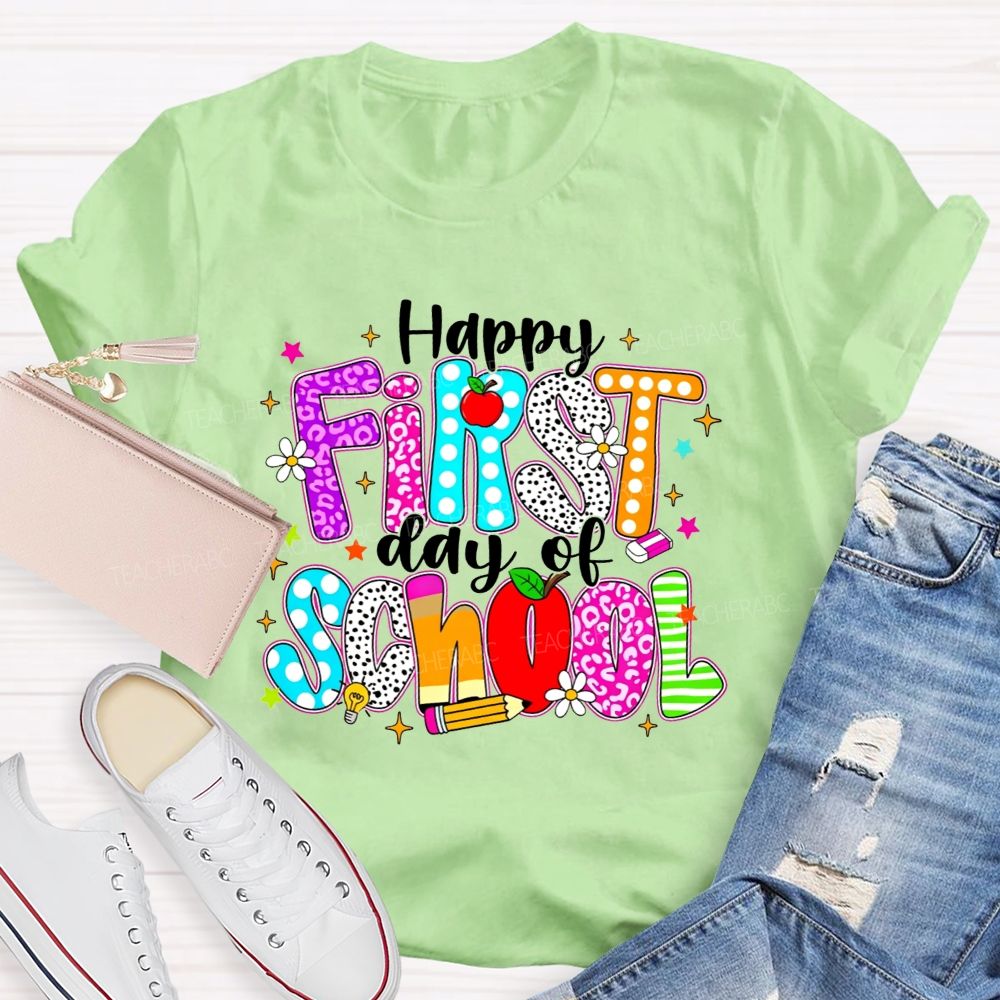 Happy First Day Of School Leopard Polka Dot Striped Colorful Letter Teacher T-shirt