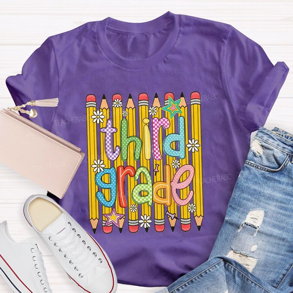 Personalized Grade Colorful Pattern Pencil Third Grade Teacher T-shirt