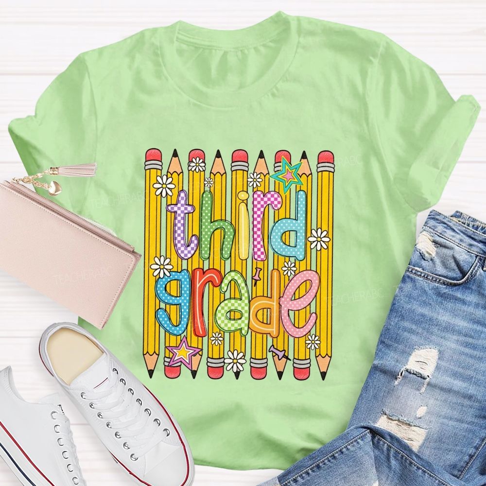 Personalized Grade Colorful Pattern Pencil Third Grade Teacher T-shirt