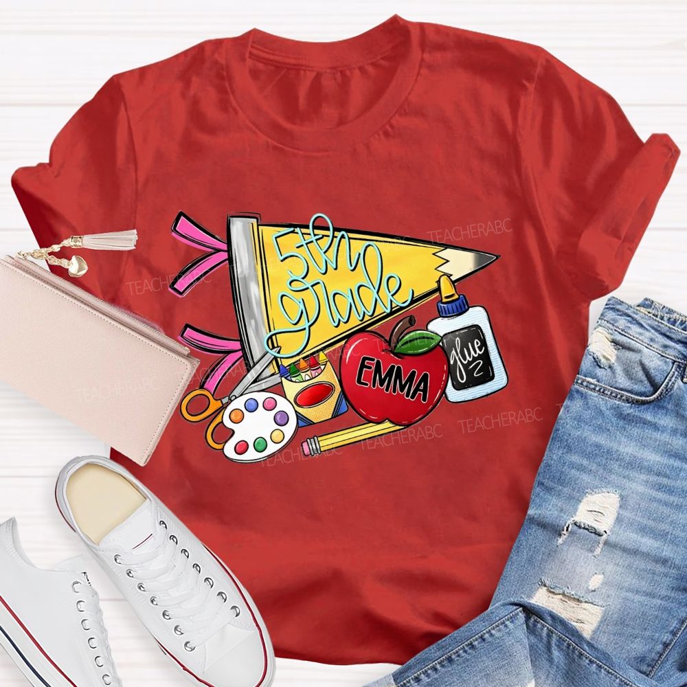 Personalized Name And Grade Yellow Pencil Triangle School Supplies Doodle Teacher T-shirt