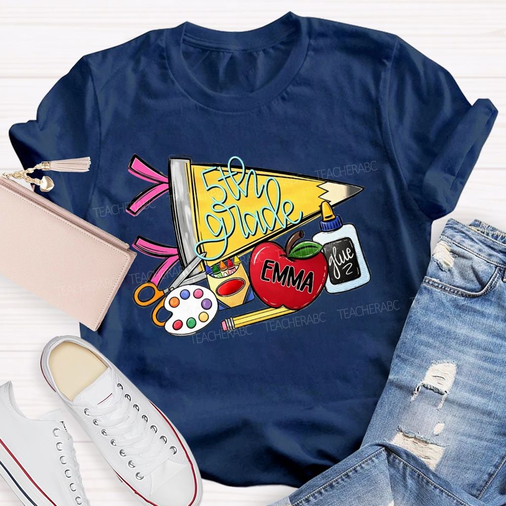 Personalized Name And Grade Yellow Pencil Triangle School Supplies Doodle Teacher T-shirt