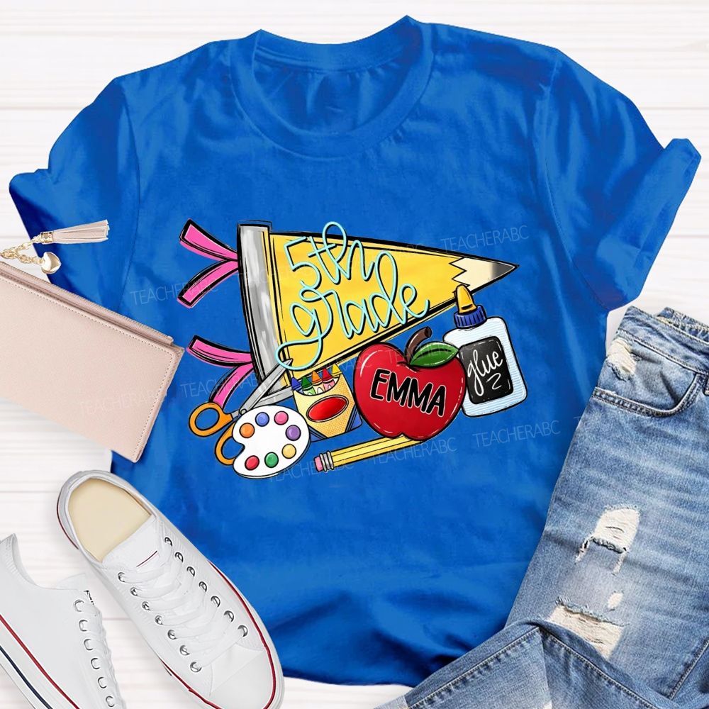 Personalized Name And Grade Yellow Pencil Triangle School Supplies Doodle Teacher T-shirt