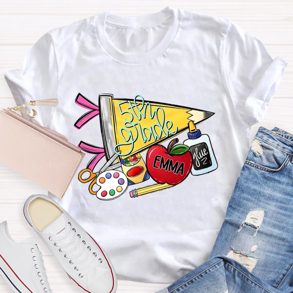 Personalized Name And Grade Yellow Pencil Triangle School Supplies Doodle Teacher T-shirt