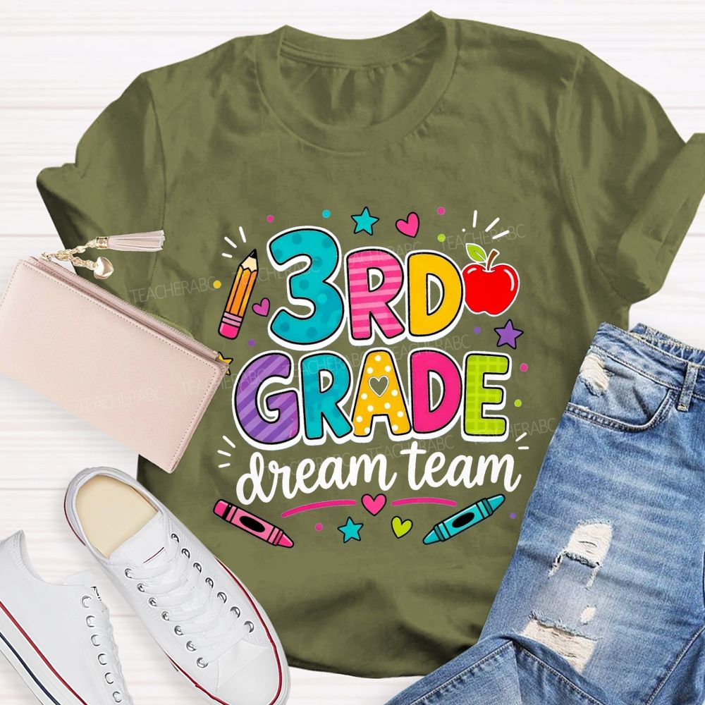 Personalized Grade 3rd Grade Dream Team Colorful Polka Dot Striped Pattern Teacher T-shirt