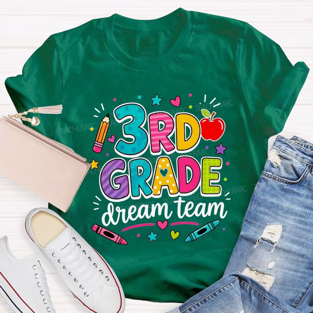 Personalized Grade 3rd Grade Dream Team Colorful Polka Dot Striped Pattern Teacher T-shirt