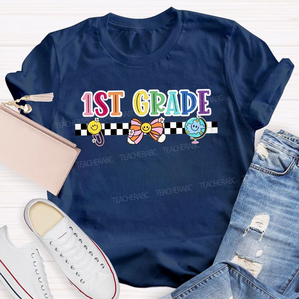 Personalized Grade 1st Grade Checkerboard Smiley Face Globe Bow Teacher T-shirt
