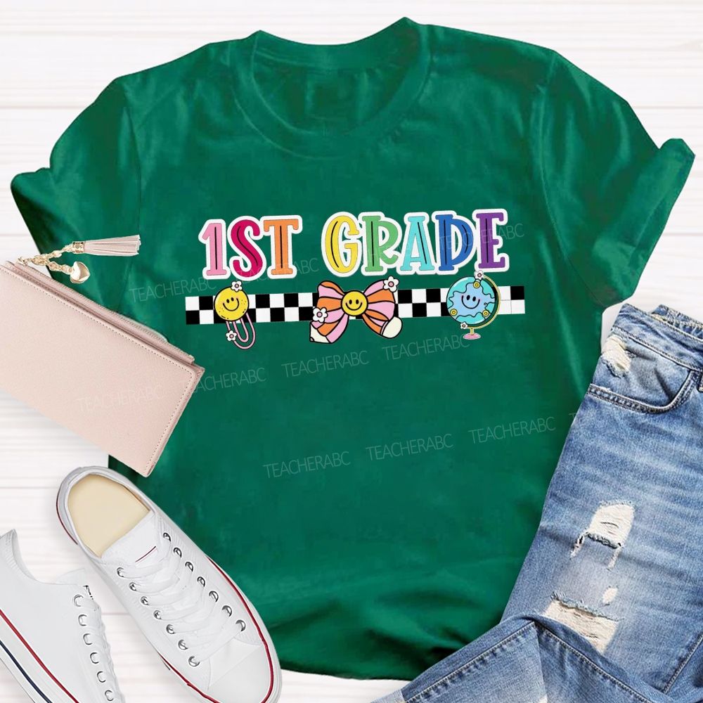 Personalized Grade 1st Grade Checkerboard Smiley Face Globe Bow Teacher T-shirt