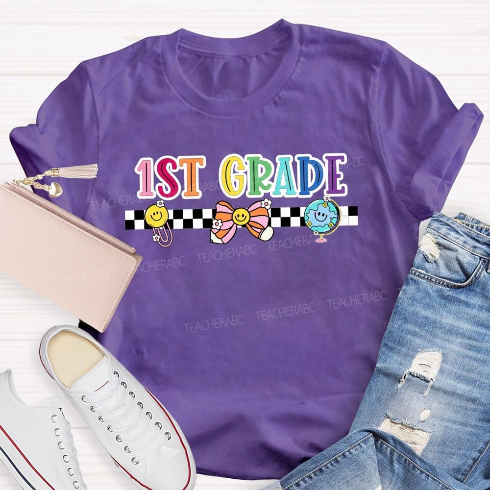 Personalized Grade 1st Grade Checkerboard Smiley Face Globe Bow Teacher T-shirt