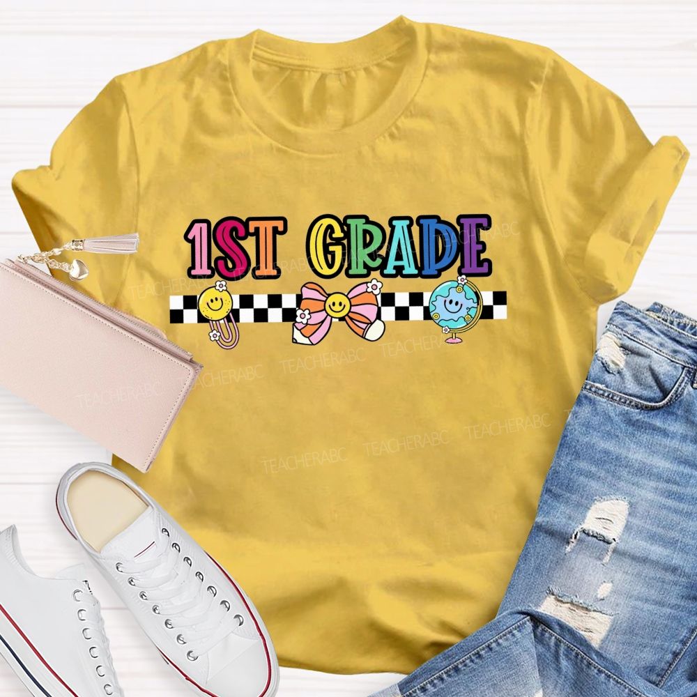 Personalized Grade 1st Grade Checkerboard Smiley Face Globe Bow Teacher T-shirt