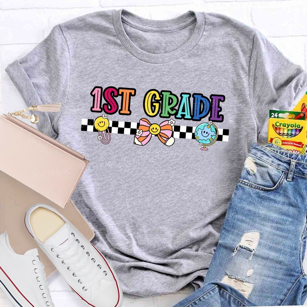 Personalized Grade 1st Grade Checkerboard Smiley Face Globe Bow Teacher T-shirt