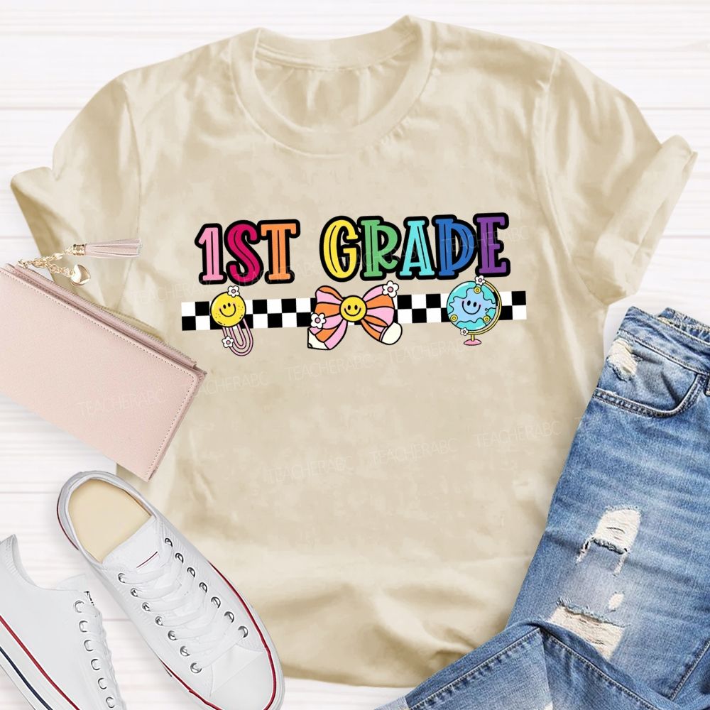 Personalized Grade 1st Grade Checkerboard Smiley Face Globe Bow Teacher T-shirt