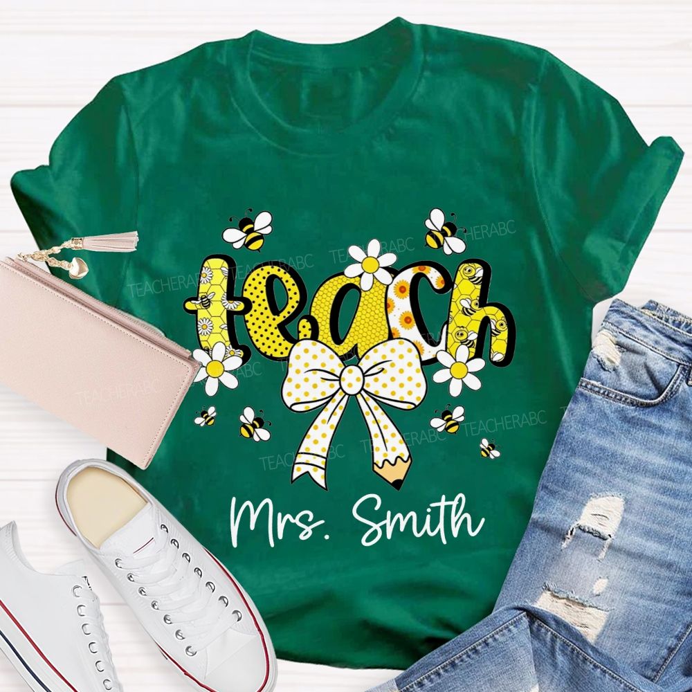 Personalized Name Teach Honeycomb Polka Dot Bow Pencil Teacher T-shirt
