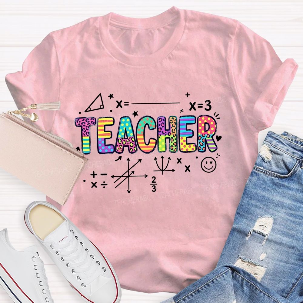 Math Teacher Leopard Rainbow Mixed Pattern Teacher T-shirt