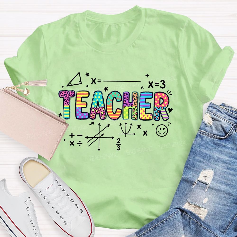 Math Teacher Leopard Rainbow Mixed Pattern Teacher T-shirt