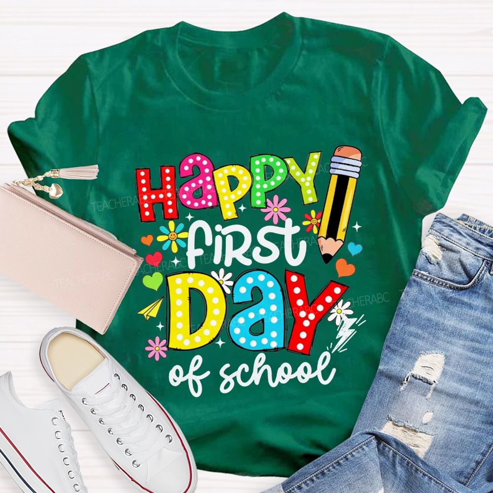 Happy First Day Of School Colorful Polka Dot Pencil Flower Teacher T-shirt