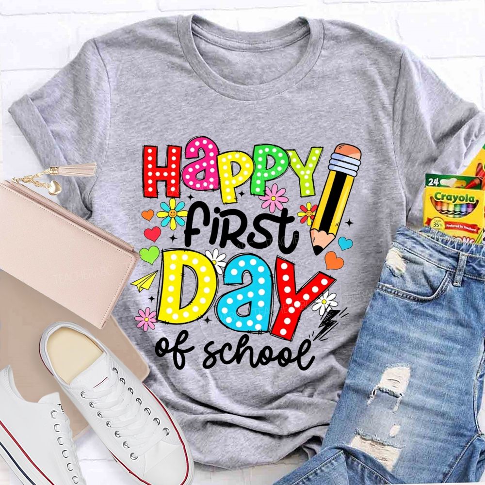 Happy First Day Of School Colorful Polka Dot Pencil Flower Teacher T-shirt