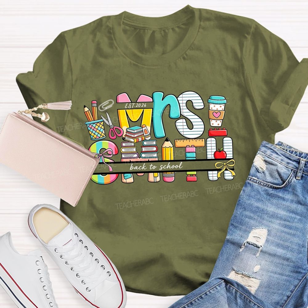 Personalized Name Back To School Colorful School Supplies Teacher T-shirt