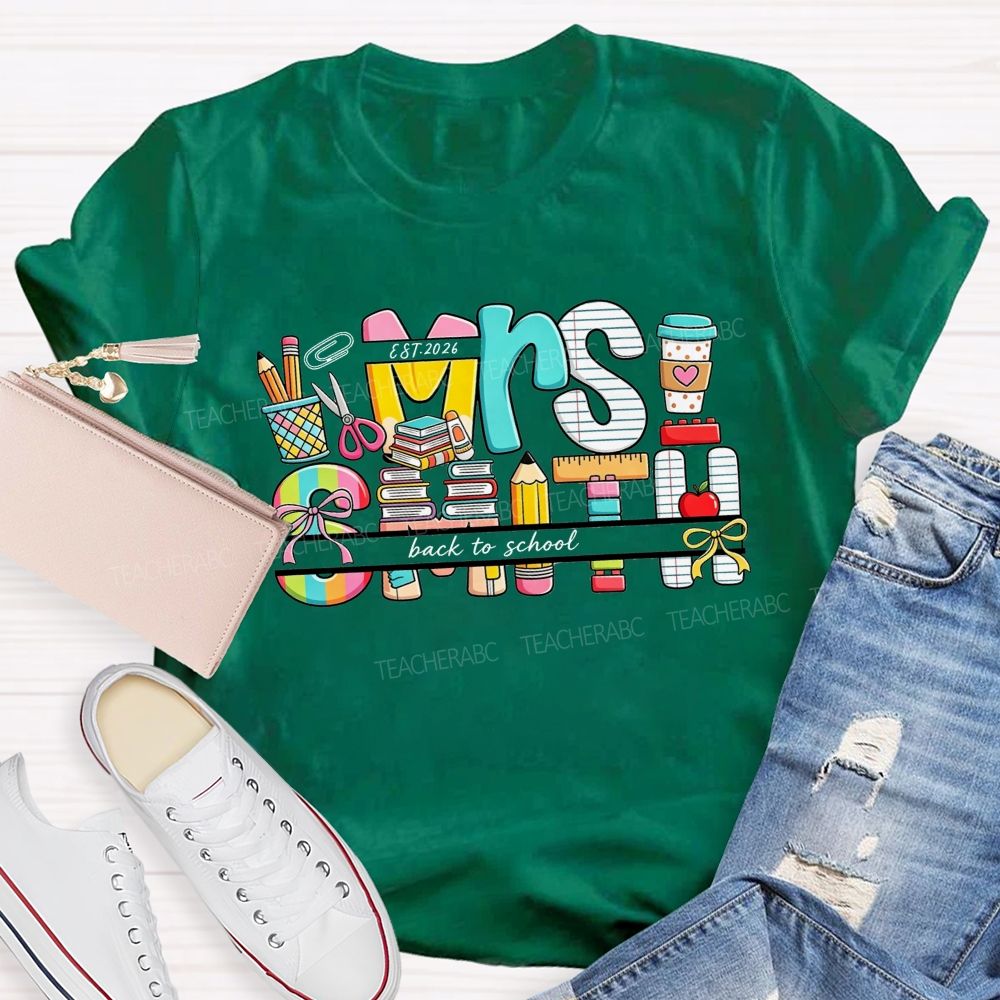 Personalized Name Back To School Colorful School Supplies Teacher T-shirt