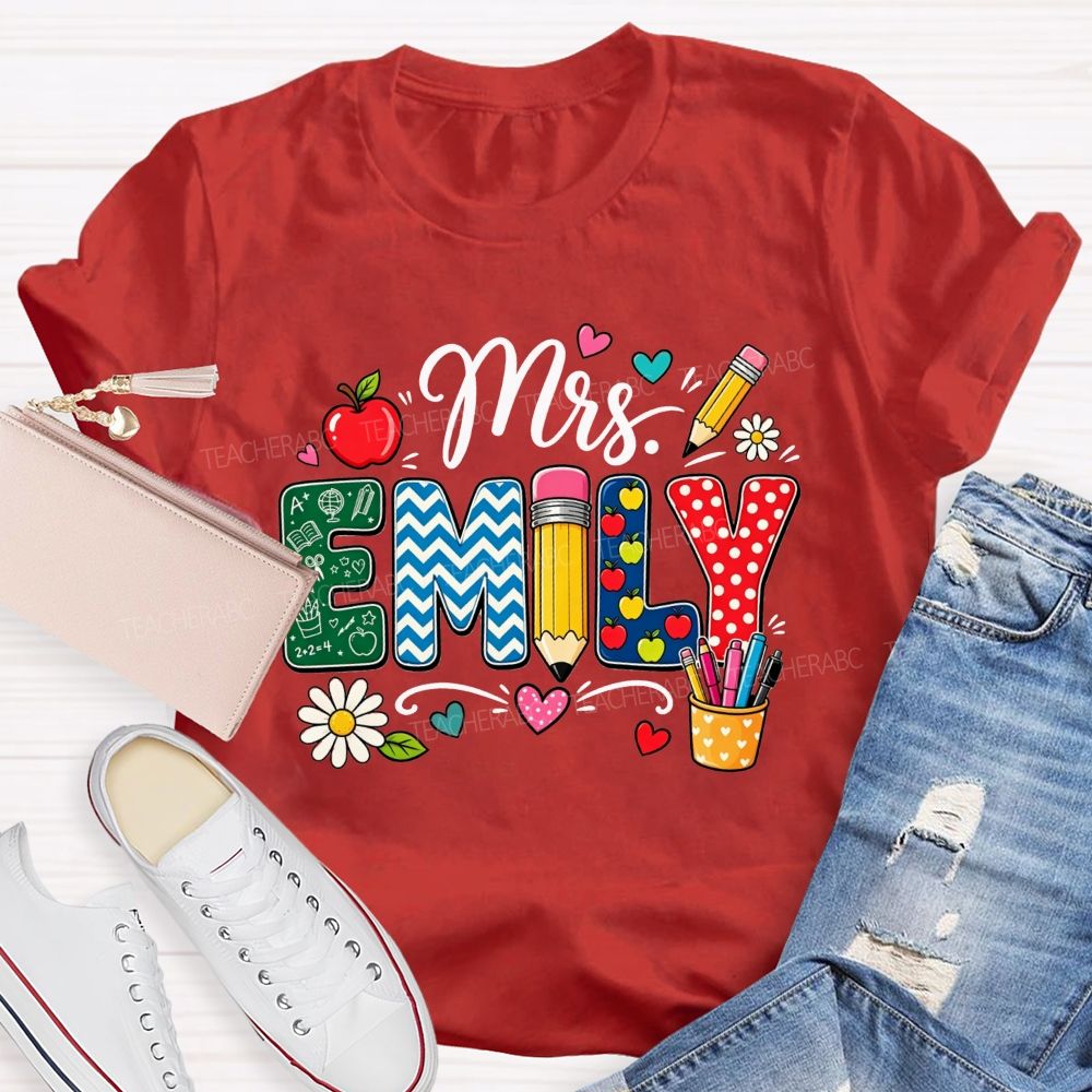Personalized Name Patterned Letter Apple Pencil Teacher T-shirt