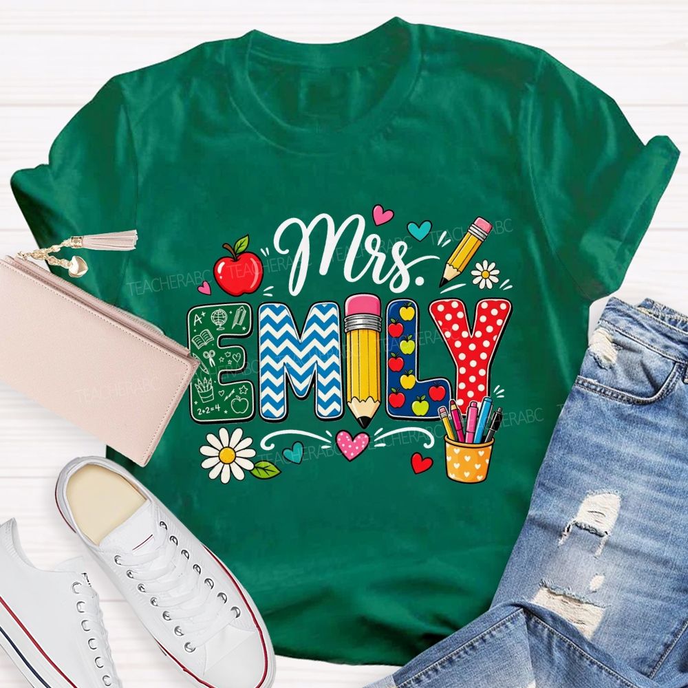 Personalized Name Patterned Letter Apple Pencil Teacher T-shirt