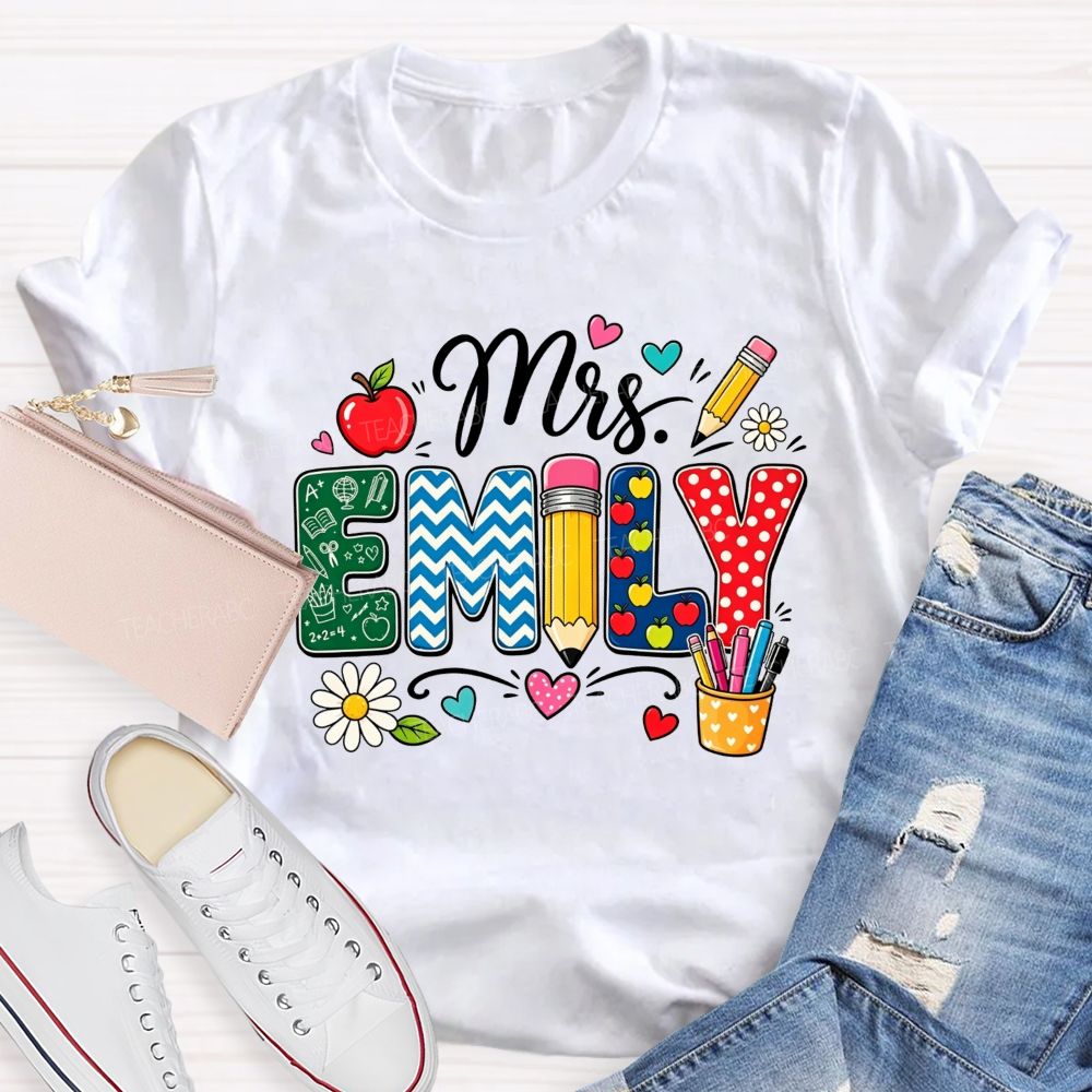 Personalized Name Patterned Letter Apple Pencil Teacher T-shirt