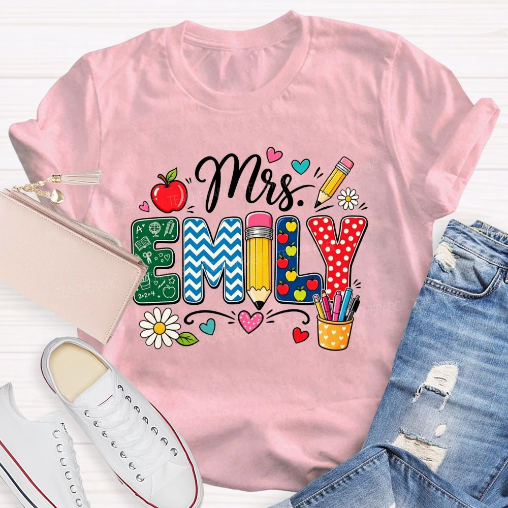 Personalized Name Patterned Letter Apple Pencil Teacher T-shirt