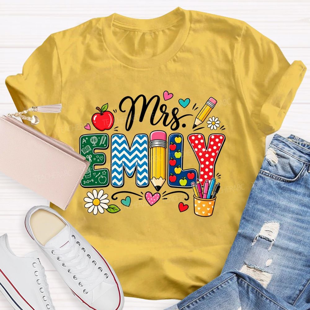Personalized Name Patterned Letter Apple Pencil Teacher T-shirt