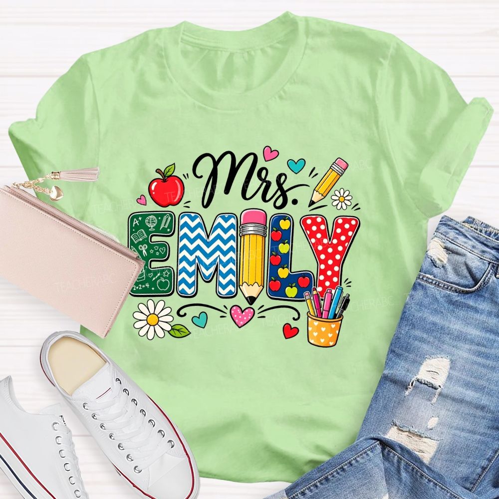 Personalized Name Patterned Letter Apple Pencil Teacher T-shirt