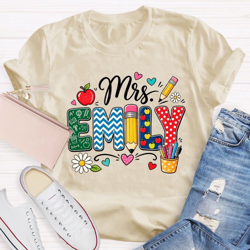 Personalized Name Patterned Letter Apple Pencil Teacher T-shirt