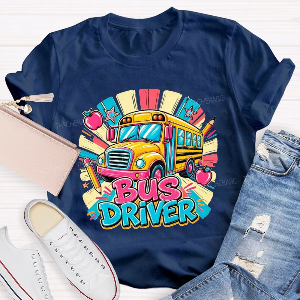 School Bus Bus Driver Colorful Sunburst Apple Pencil Star T-shirt