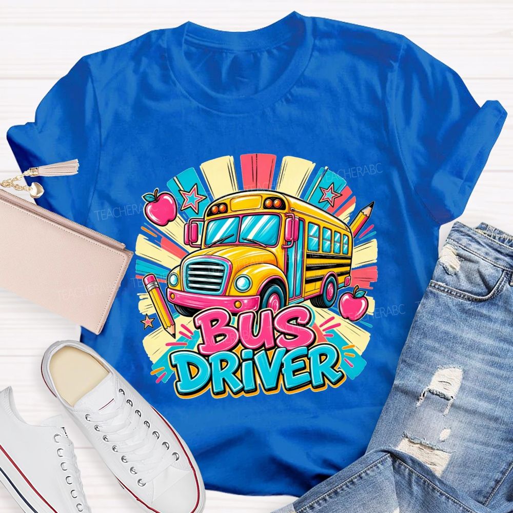 School Bus Bus Driver Colorful Sunburst Apple Pencil Star T-shirt