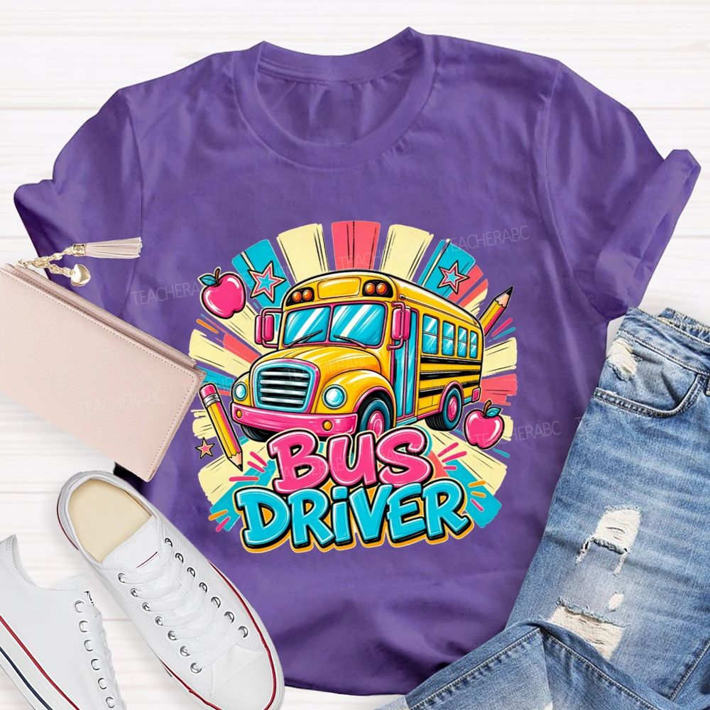 School Bus Bus Driver Colorful Sunburst Apple Pencil Star T-shirt