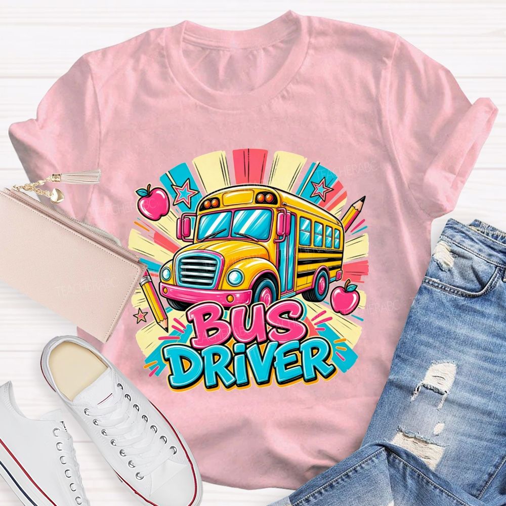 School Bus Bus Driver Colorful Sunburst Apple Pencil Star T-shirt