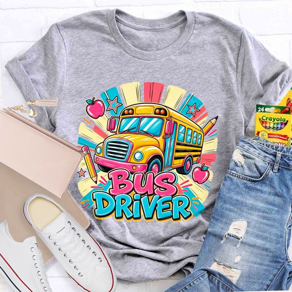 School Bus Bus Driver Colorful Sunburst Apple Pencil Star T-shirt