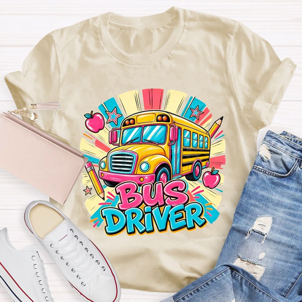 School Bus Bus Driver Colorful Sunburst Apple Pencil Star T-shirt