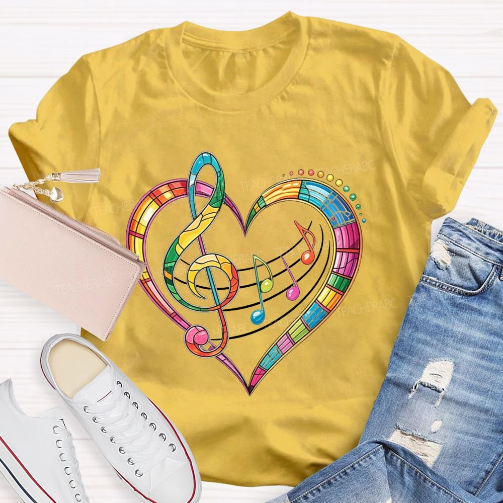 Rainbow Stained Glass Music Heart Treble Clef Teacher T-shirt