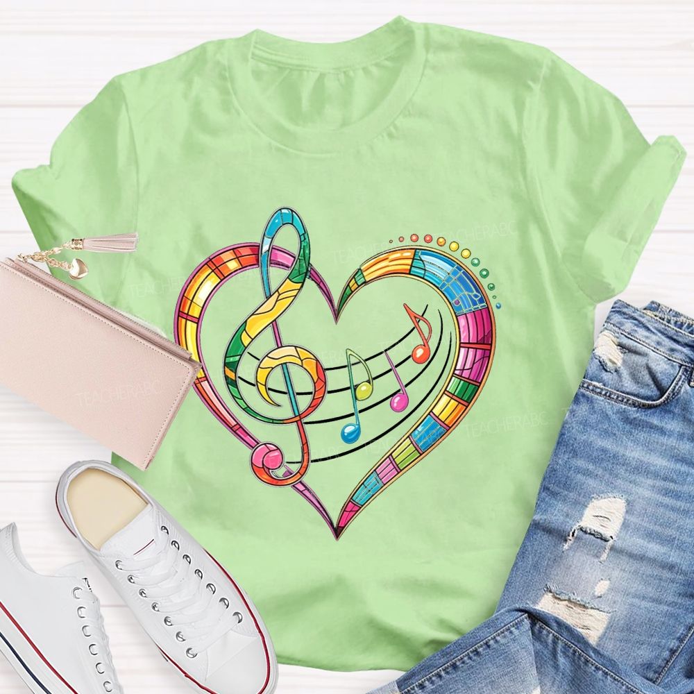 Rainbow Stained Glass Music Heart Treble Clef Teacher T-shirt