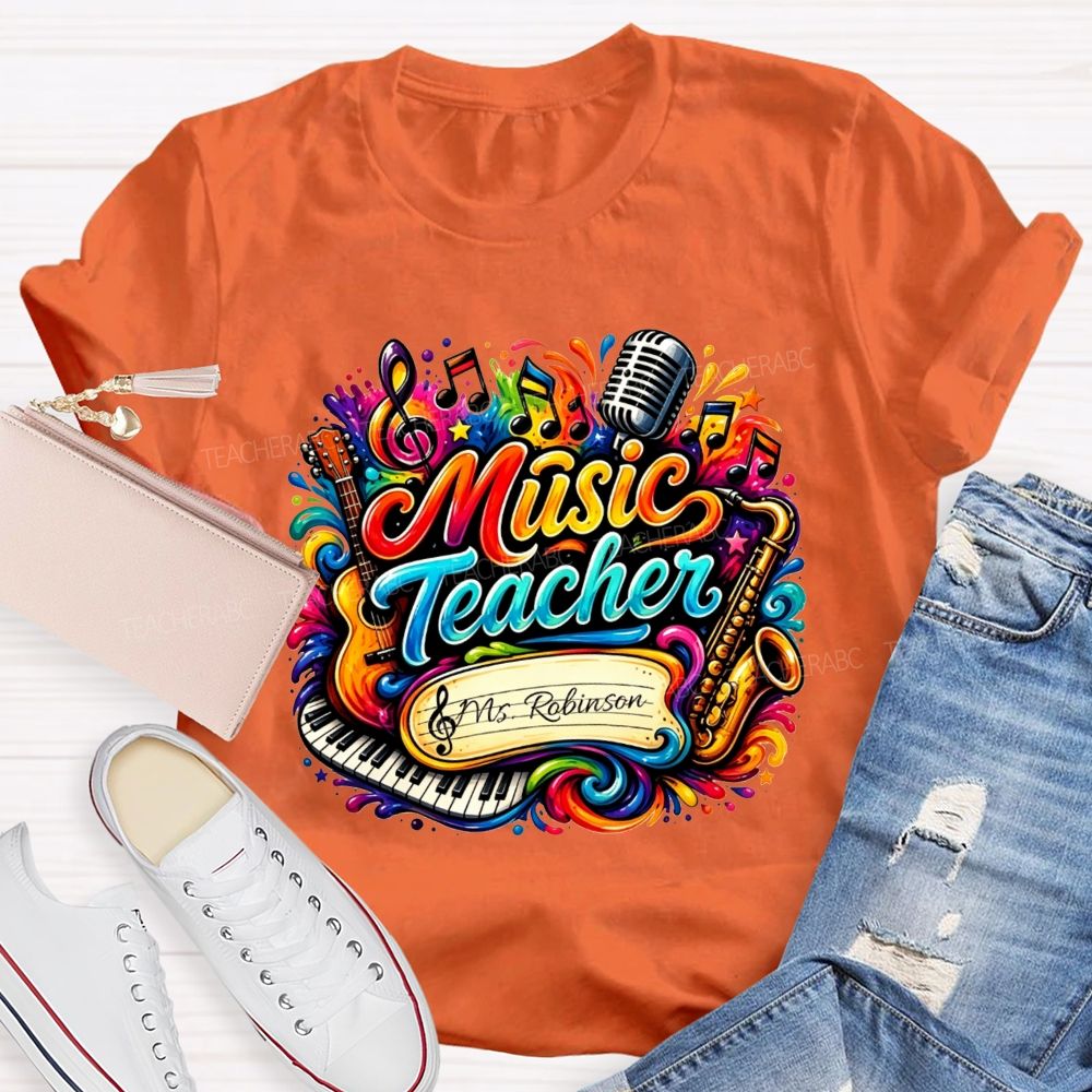 Personalized Name Music Teacher Rainbow Splash Instrument Teacher T-shirt